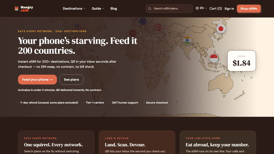 Hungry eSIM 홈페이지 첫 화면: 세계 지도와 'Your phone's starving. Feed it 200 countries.' 문구